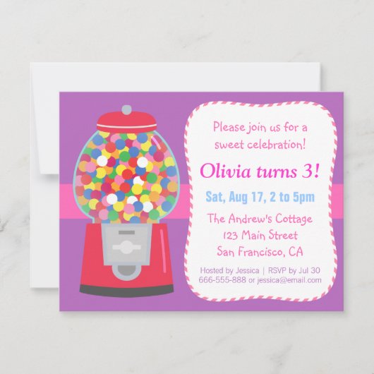 カラフルなガムボールマシン キャンディーをテーマにしたパーティー 招待状 (正面)