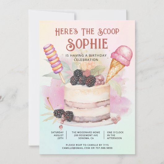 カラフルなキッズアイスクリームバースデー「Here's The Scoop」 招待状 (正面)
