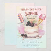 カラフルなキッズアイスクリームバースデー「Here's The Scoop」 招待状 (正面/裏面)