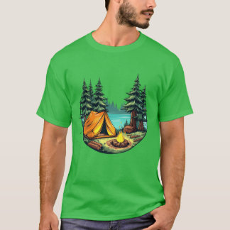 カラフルなキャラクターのキャンプシーン 森の中のテント Tシャツ