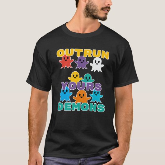 カラフルなキャラクターの幽霊がOutrun+Your+Demonsと綴る Tシャツ (正面)