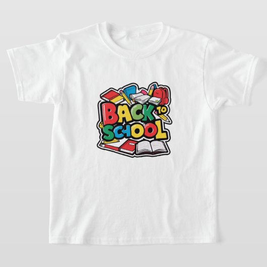カラフルなキャラクターイラストの新学期 Tシャツ (レイダウン)