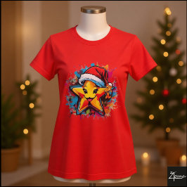 カラフルなキャラクタースターサンタハットスプラッター Tシャツ