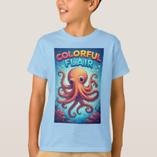 カラフルなキャラクタータコの水中シーン Tシャツ