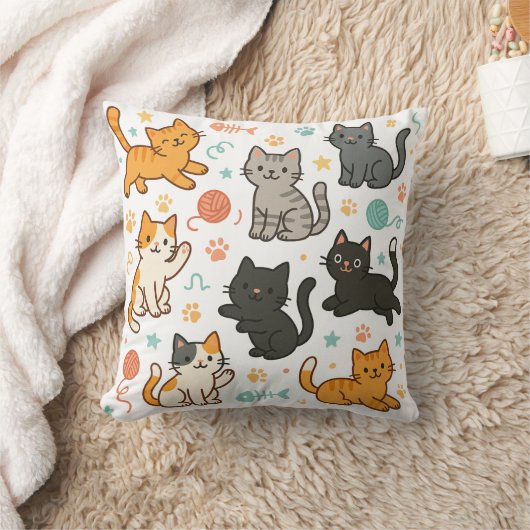 カラフルなキャラクター猫の枕 – 遊び心のあるパターン  クッション (ブランケット)