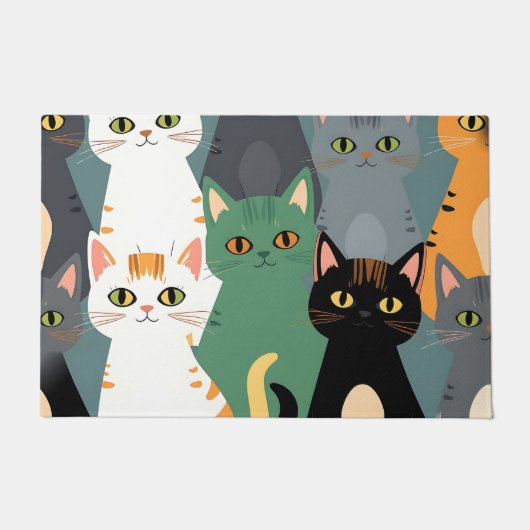 カラフルなキャラクター猫の群れパターン ドアマット (正面)
