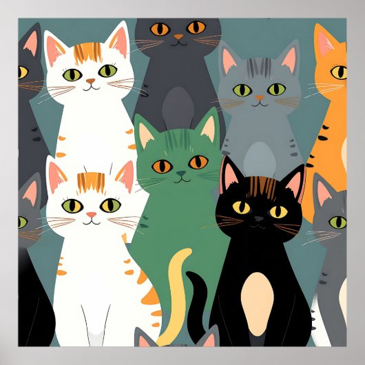 カラフルなキャラクター猫の群れパターン ポスター (正面)