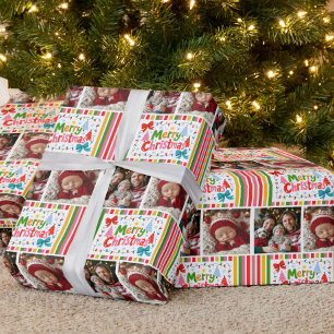 カラフルなキャンディストライプの2枚の写真グリッド クリスマス ラッピングペーパー