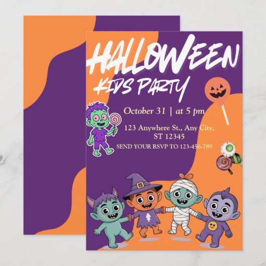 カラフルなキャンディモンスターのハロウィン招待状 子供用 招待状 (正面/裏面)