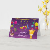 カラフルなキリン、飛行機、ケーキ及び気球の誕生日 カード (黄色い花)