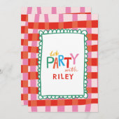 カラフルなギンガム「パーティしよう!」カスタムネームキッズ 招待状 (正面/裏面)