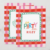カラフルなギンガム「パーティしよう！」カスタムネーム キッズ 招待状 (正面/裏面)