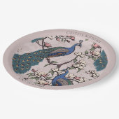 カラフルなクジャクのフワフワピンク ペーパープレート (アングル)