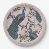 カラフルなクジャクのフワフワピンク ペーパープレート (正面)
