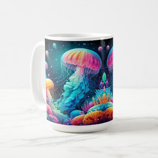 カラフルなクラゲとサンゴ礁 コーヒーマグカップ (正面左)