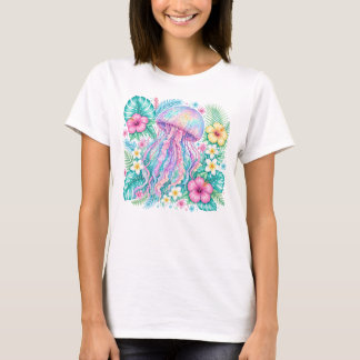 カラフルなクラゲと美しいトロピカルフラワー Tシャツ