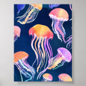 カラフルなクラゲ | 海の動物の水彩画アート ポスター (正面)