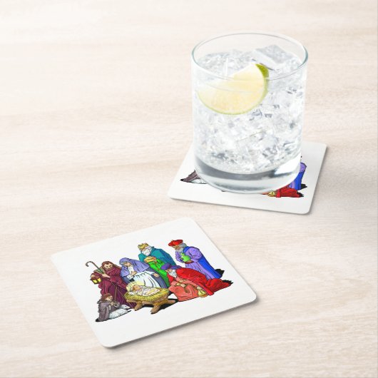 カラフルなクリスマスの出生場面 スクエアペーパーコースター (インサイチュ)