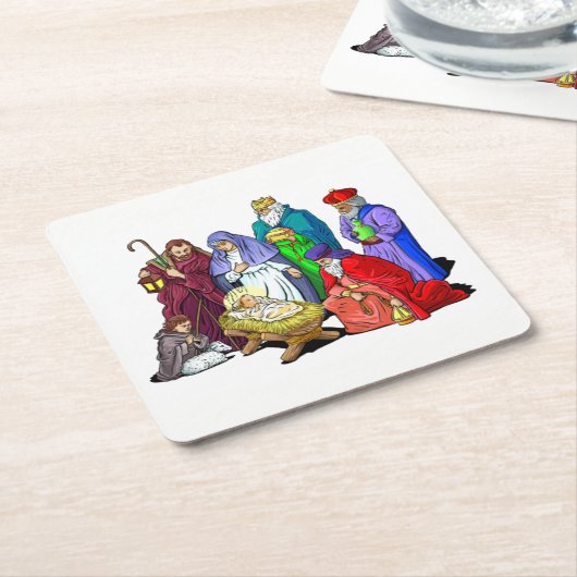 カラフルなクリスマスの出生場面 スクエアペーパーコースター (アングル)