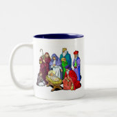 カラフルなクリスマスの出生場面 ツートーンマグカップ (左)