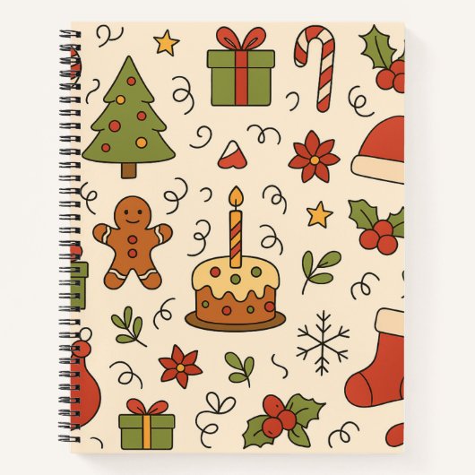 カラフルなクリスマスの落書きパターン ノートブック (正面)