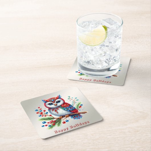 カラフルなクリスマスオウルのホリデーペーパーコースター スクエアペーパーコースター (インサイチュ)