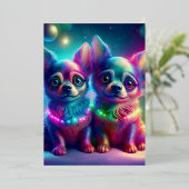カラフルなクリスマスシーンの2匹の若いチワワの子犬 箔シーズンカード (立ち正面)