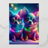 カラフルなクリスマスシーンの2匹の若いチワワの子犬 箔シーズンカード (裏面)