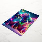 カラフルなクリスマスシーンの2匹の若いチワワの子犬 箔シーズンカード (回転した状態)