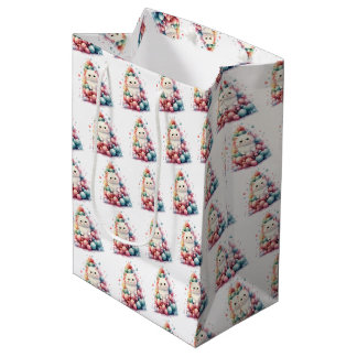 カラフルなクリスマスツリーと白猫のオリジナルグッズ ミディアムペーパーバッグ