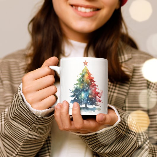 カラフルなクリスマスツリーの水彩画 コーヒーマグカップ
