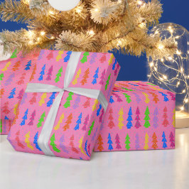 カラフルなクリスマスツリー ポップアート ピンク ラッピングペーパー