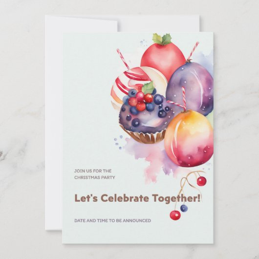 カラフルなクリスマスプディング、フルーツケーキ、お菓子 招待状 (正面)