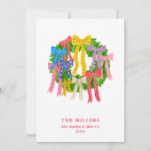 カラフルなクリスマスリース楽しいリボン3枚の写真家族 シーズンカード (正面)