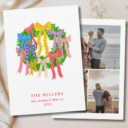 カラフルなクリスマスリース楽しいリボン3枚の家族写真 シーズンカード