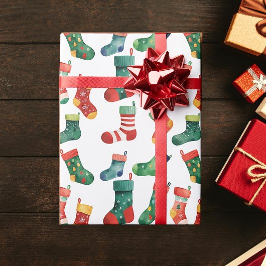 カラフルなクリスマス靴下のウォーターカラー ラッピングペーパー