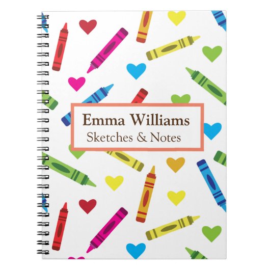 カラフルなクレヨンとハート柄のカスタムスケッチ ノートブック (正面)