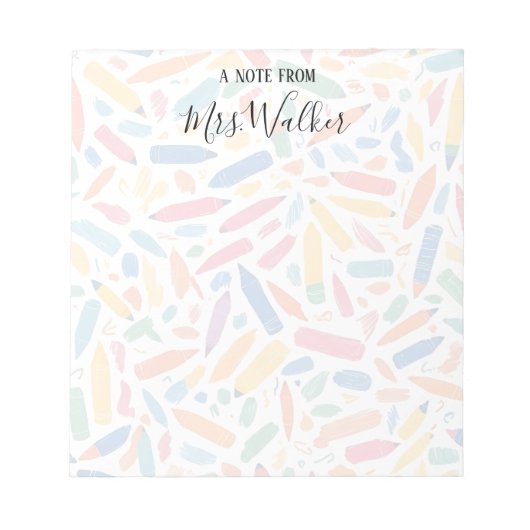 カラフルなクレヨン柄のアート教師 ノートパッド (正面)