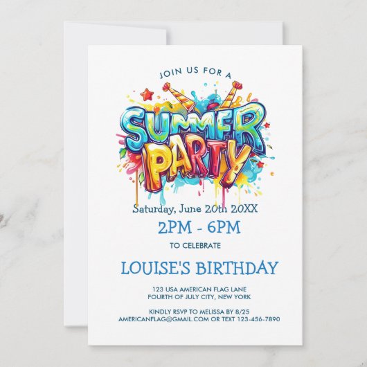 カラフルなグラフィティスタイルのサマーParty 招待状 (正面)