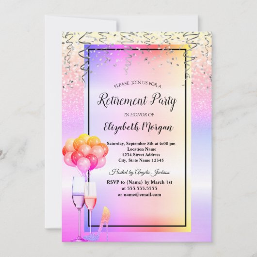 カラフルなグリッターガラスと風船の退職パーティー 招待状 (正面)