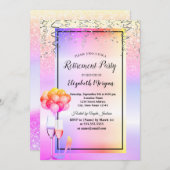 カラフルなグリッターガラスと風船の退職パーティー 招待状 (正面/裏面)