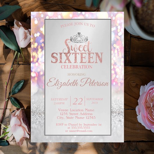 カラフルなグリッター ボケ オンブレ、ティアラ スイート 16 パーティー 招待状