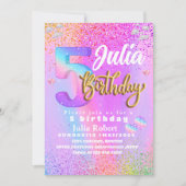 カラフルなグリッター ユニコーン レインボー ファイブ バースデー 招待状 (正面)