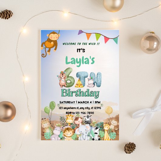 カラフルなグリーンとブルーのサファリをテーマにした6歳の誕生日 招待状