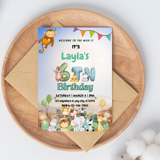 カラフルなグリーンとブルーのサファリをテーマにした6歳の誕生日 招待状