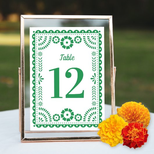 カラフルなグリーンのパペル・ピカド ウェディングテーブルナンバー 招待状