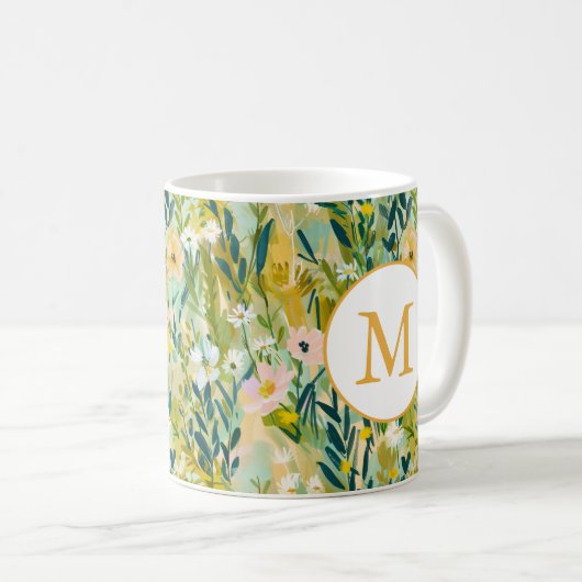 カラフルなグリーンフラワーウォーターカラーパターン モノグラム コーヒーマグカップ (正面右)