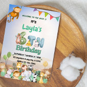 カラフルなグリーン＆ブルーのサファリ６歳誕生日パーティー招待状 招待状