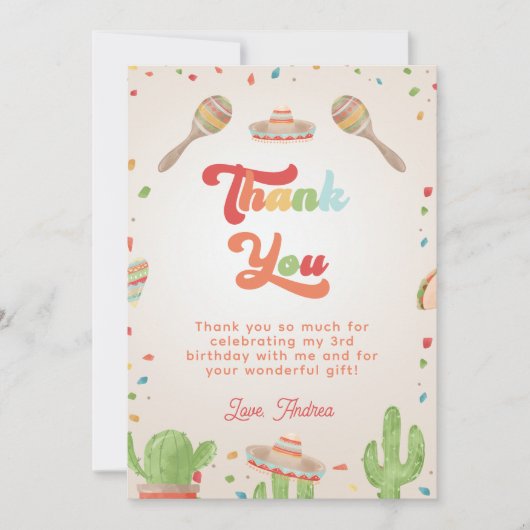 カラフルなグルーヴィーフィエスタ子供の誕生日お礼 招待状 (正面)