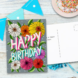 カラフルなグレーの花柄の誕生日カード ポストカード